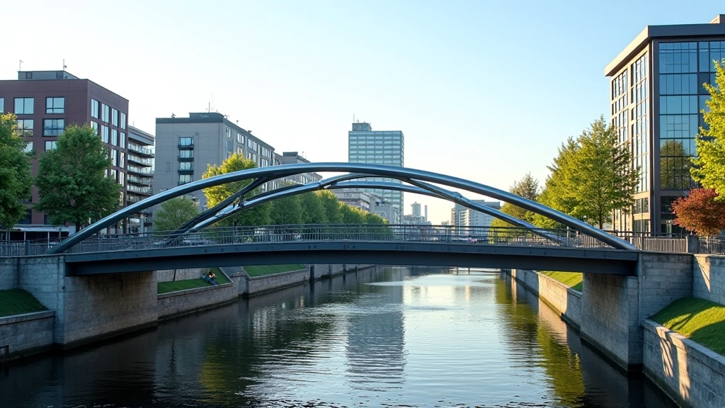 Kanāla tilts ar metāla konstrukcijām, modernā Liepāja fonā, ūdens atspoguļojums