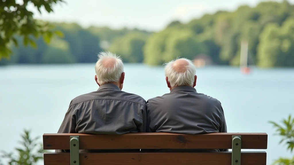 Divi pensionāri atpūšas uz soliņa ezera krastā, skatoties uz ūdeni